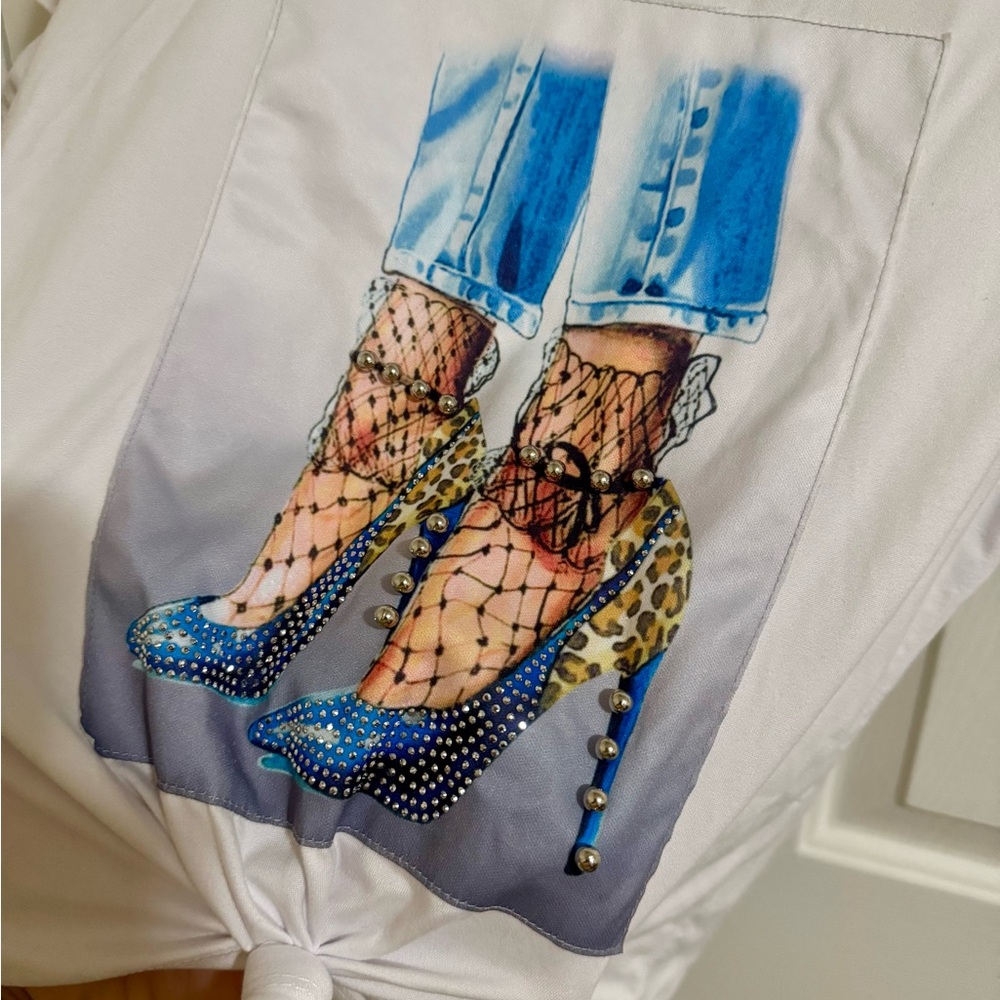 Stylish Graphic Tee with Blue Heels Design